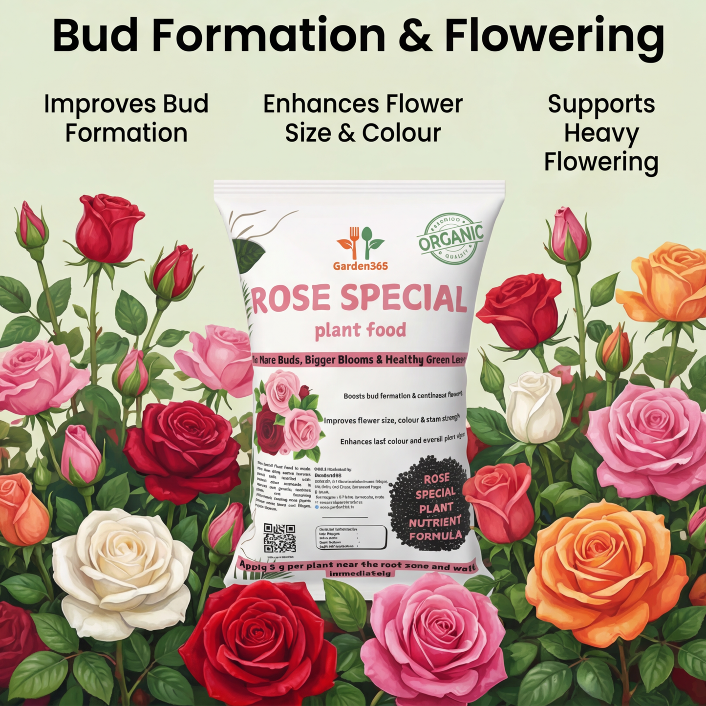 Rose Special Plant Food โ Organic Flower Booster for More Buds, Bigger Blooms & Healthy Rose Plants (Apply Up to 100 Plants / Times)