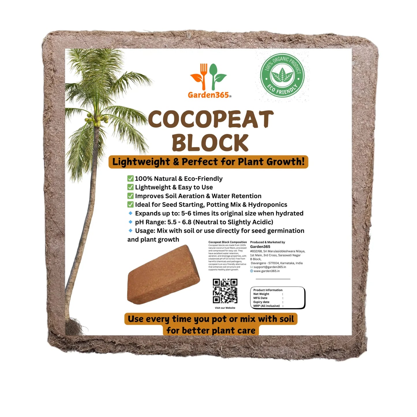 Cocopeat Block – 5 kg | Expands Up To 25–30 Litres of Potting Medium - Garden365