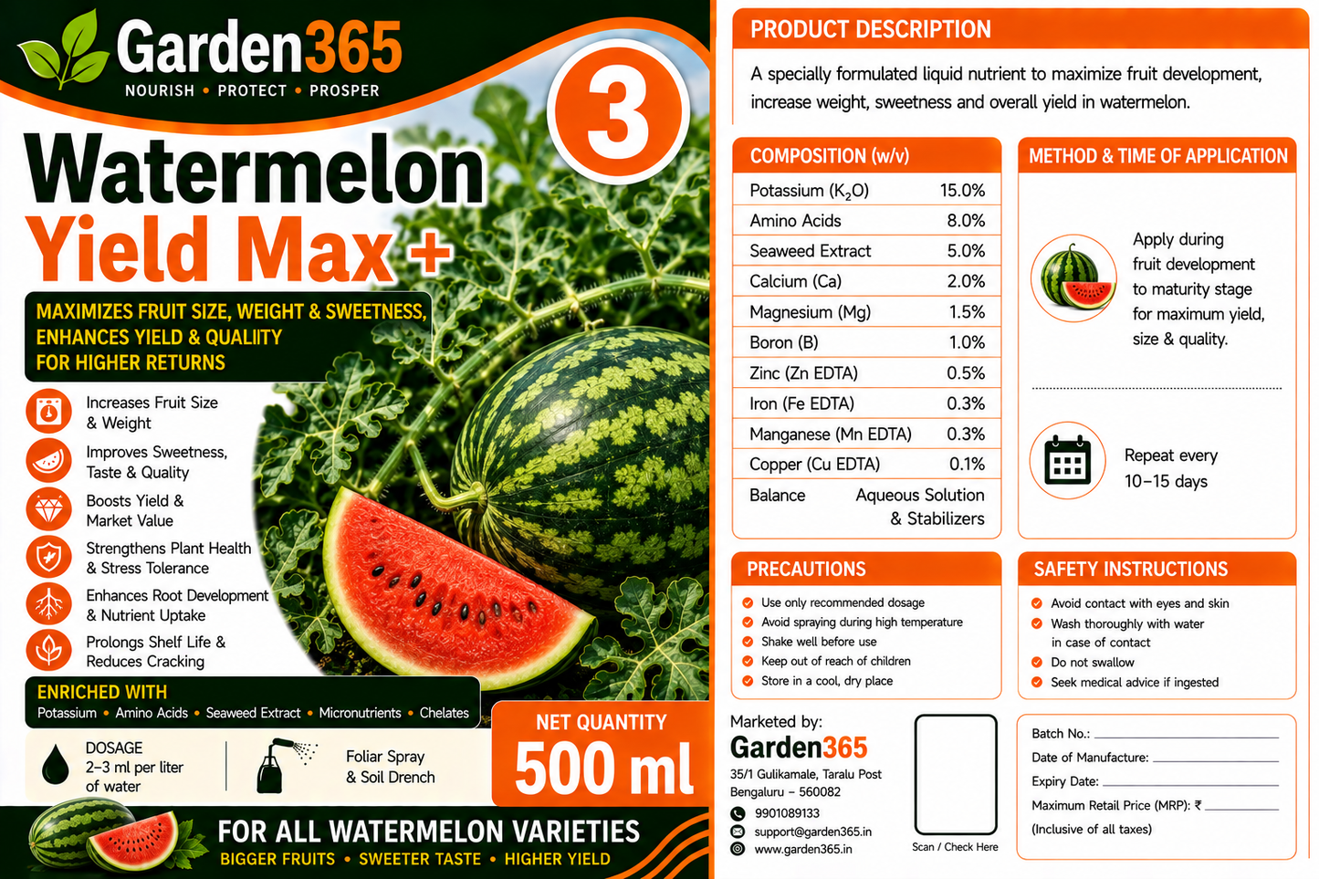 Watermelon Yield Booster Kit – Watermelon 1 Vine Grow+ | Watermelon 2 Flower Set+ | Watermelon 3 Yield Max+ for Vigorous Vine Growth, Better Flowering, Higher Fruit Set, Improved Fruit Size, Sweetness, Yield & Quality