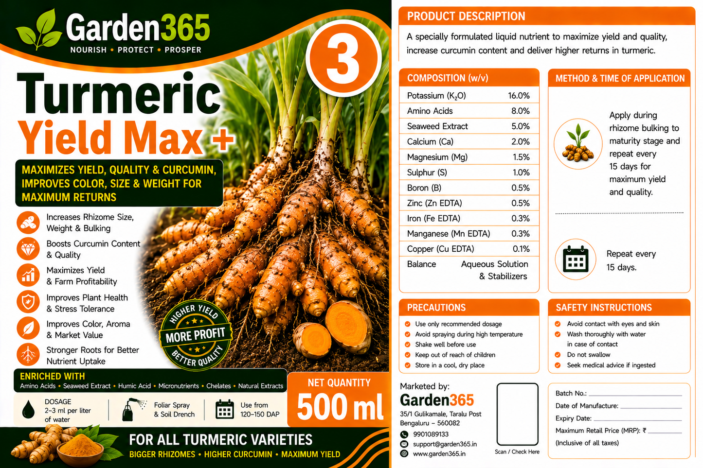 Turmeric Yield Booster Kit – Turmeric 1 RhizoMax+ | Turmeric 2 BulkingSet+ | Turmeric 3 Yield Max+ for Bigger Rhizomes, Higher Curcumin Content, Improved Quality & Maximum Yield