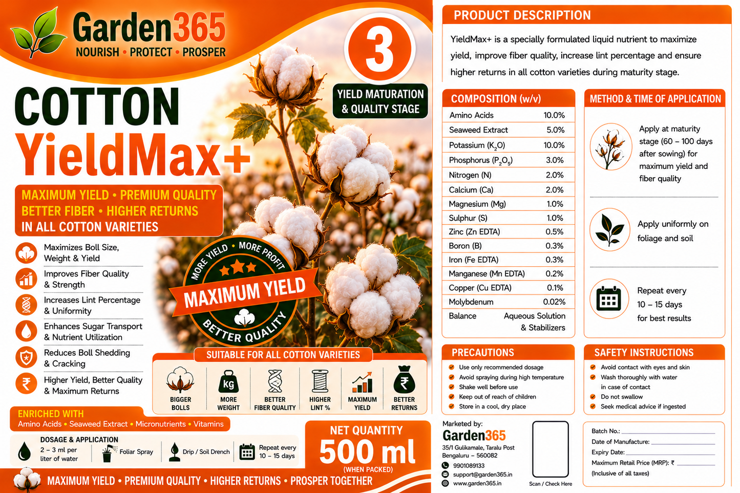 Cotton Yield Booster Kit – Cotton 1 BranchMax+ | Cotton 2 BollSet+ | Cotton 3 YieldMax+ for Higher Yield, Boll Size & Fiber Quality
