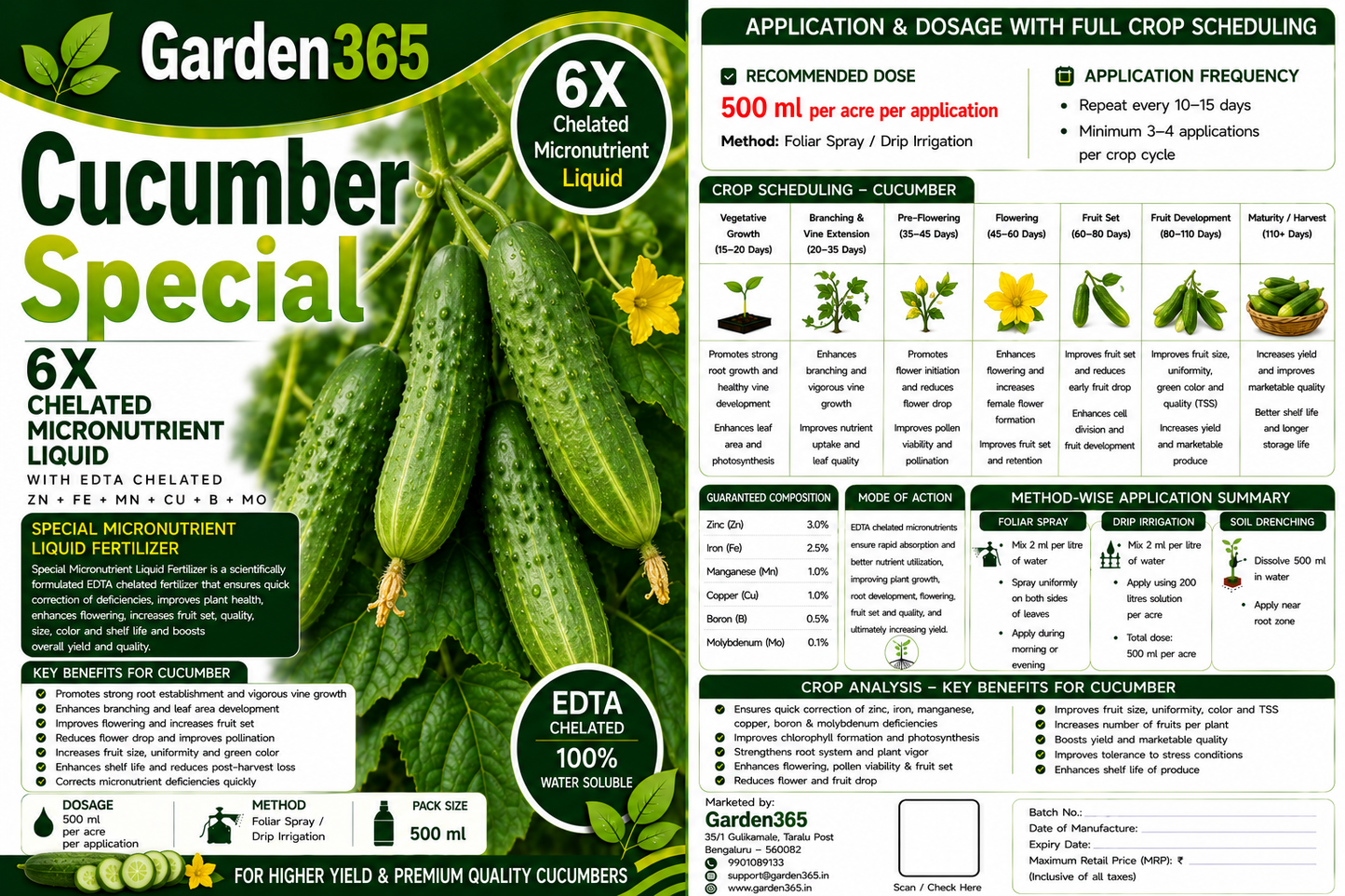 Cucumber Special – 6X Chelated Micronutrient Liquid with EDTA Chelated Zn + Fe + Mn + Cu + B + Mo for Better Flowering, Fruit Set, Fruit Size, Green Color & Higher Yield