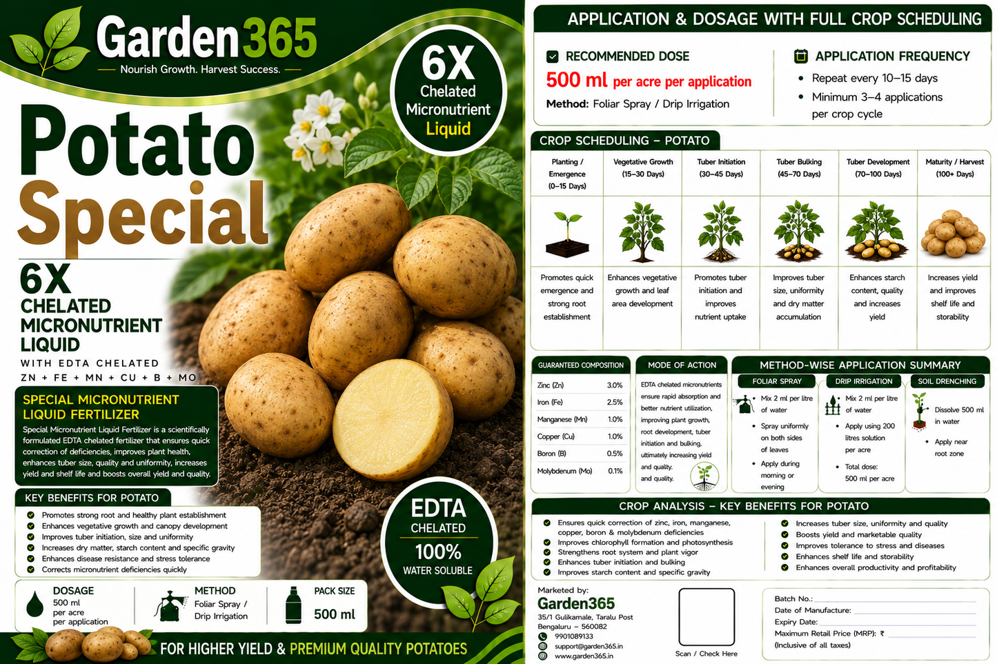 Potato Special – 6X Chelated Micronutrient Liquid with EDTA Chelated Zn + Fe + Mn + Cu + B + Mo for Better Tuber Development, Size, Uniformity & Higher Yield