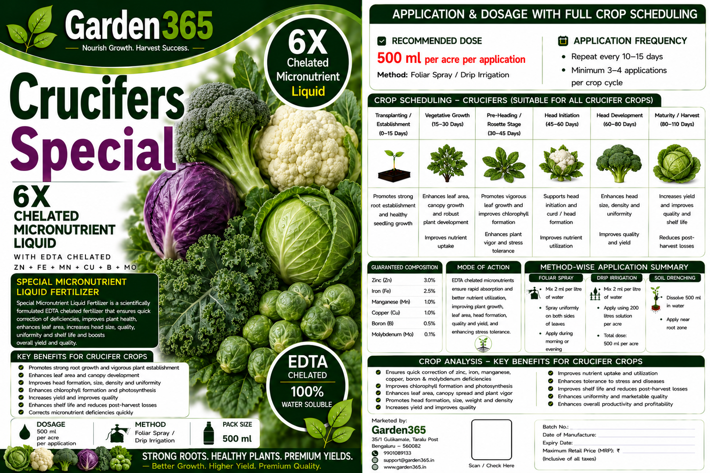 Crucifers Special – 6X Chelated Micronutrient Liquid with EDTA Chelated Zn + Fe + Mn + Cu + B + Mo for Better Head Formation, Size, Density & Higher Yield
