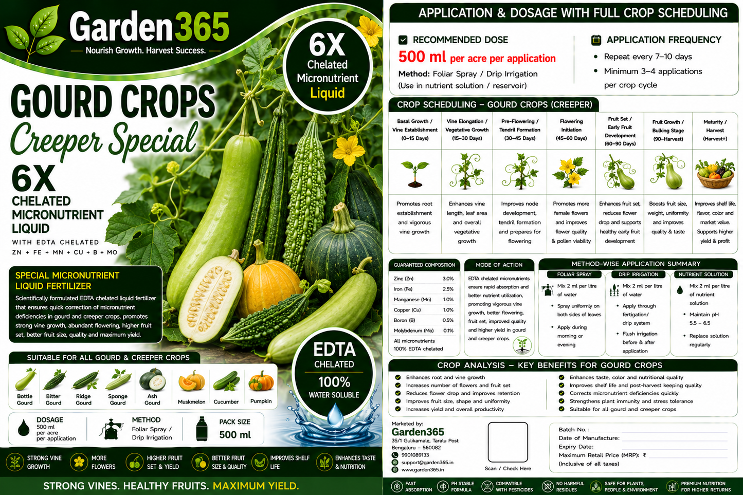 Gourd Crops Creeper Special – 6X Chelated Micronutrient Liquid with EDTA Chelated Zn + Fe + Mn + Cu + B + Mo for Vigorous Vine Growth, Better Flowering, Higher Fruit Set, Yield & Quality