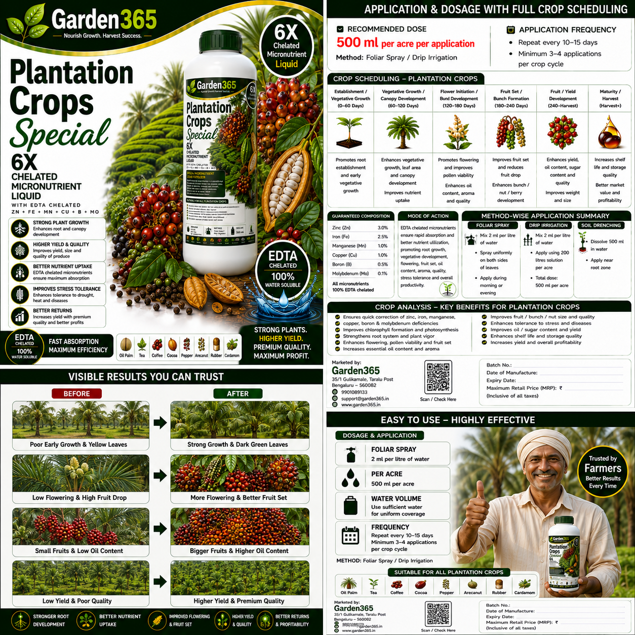 Plantation Crops Special – 6X Chelated Micronutrient Liquid with EDTA Chelated Zn + Fe + Mn + Cu + B + Mo for Better Growth, Flowering, Fruit Set, Yield & Premium Quality Plantation Crops