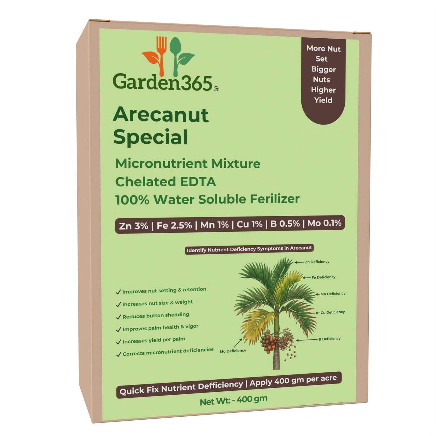 Arecanut Special Micronutrient Fertilizer (सुपारी | ಅಡಿಕೆ | పొగాకు | பாக்கு | അടക്ക) EDTA Chelated 100% Water Soluble Fertilizer – 400g per Acre