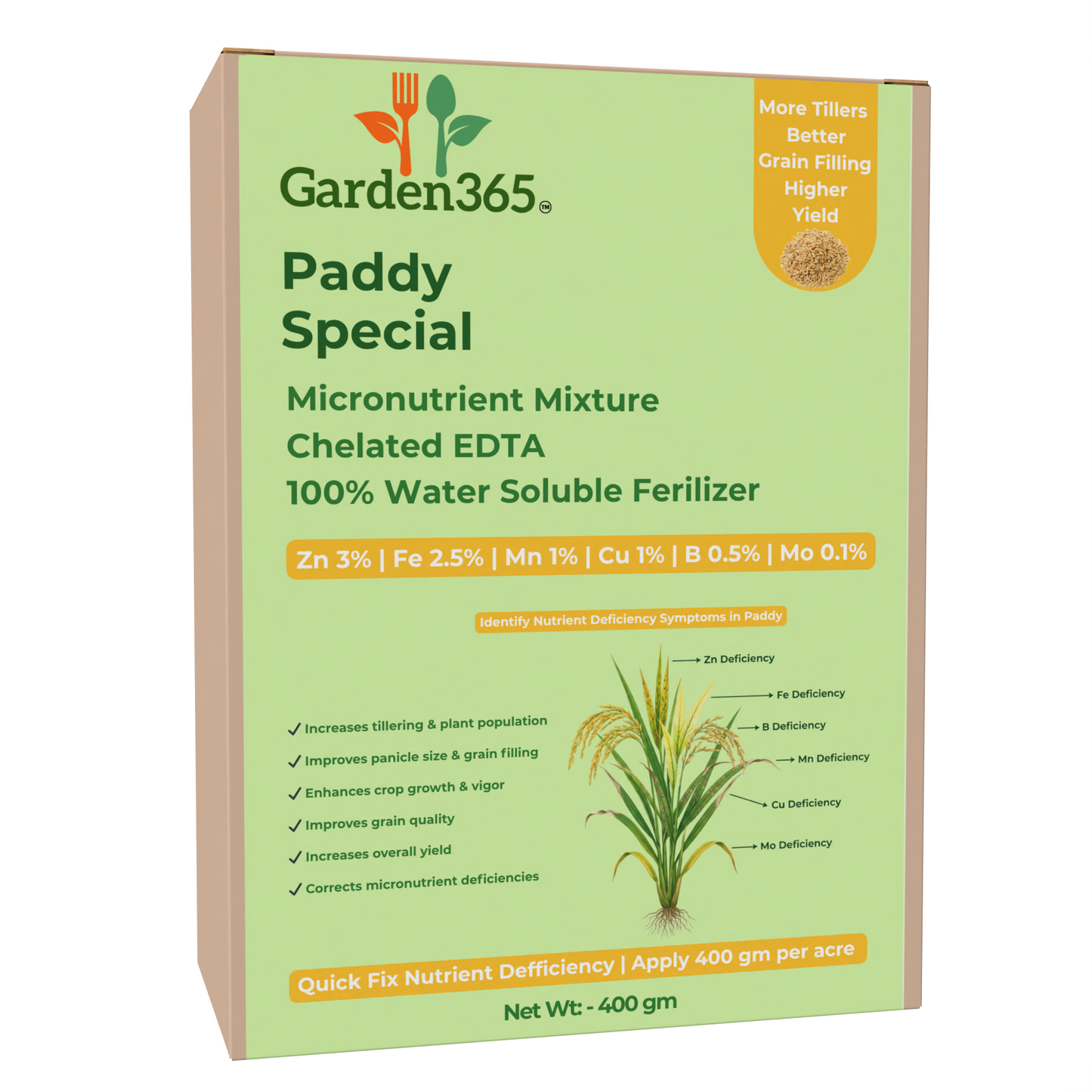 Paddy Special Micronutrient Fertilizer (धान | ಅಕ್ಕಿ | వరి | நெல் | നെല്) EDTA Chelated 100% Water Soluble Fertilizer – 400g per Acre