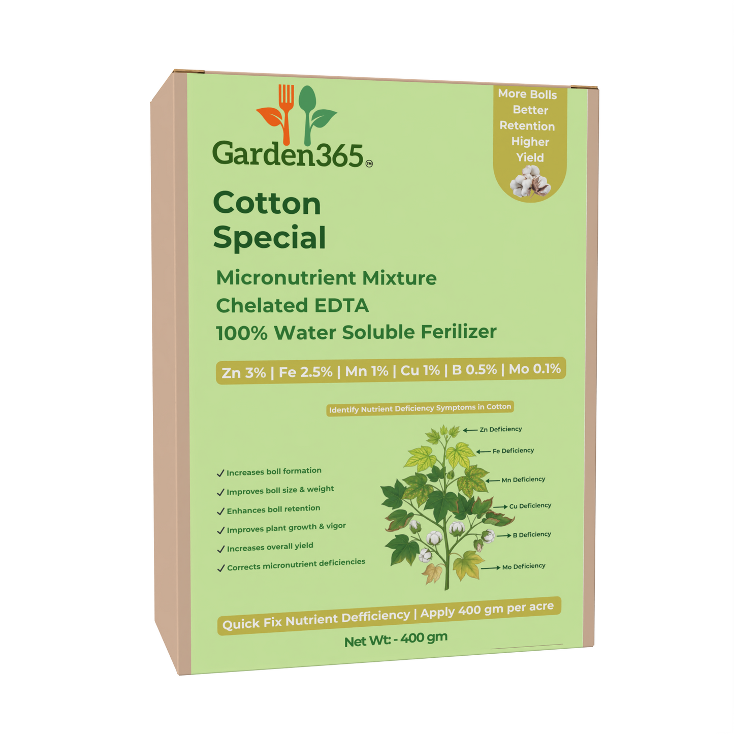 Cotton Special Micronutrient Fertilizer (कपास | ಹತ್ತಿ | పత్తి | பருத்தி | പരുത്തി) EDTA Chelated 100% Water Soluble Fertilizer – 400g per Acre