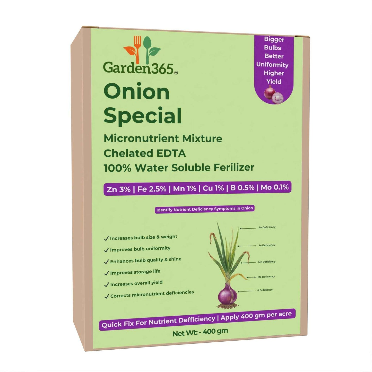 Onion Special Micronutrient Fertilizer (प्याज | ಈರುಳ್ಳಿ | ఉల్లిపాయ | வெங்காயம் | ഉള്ളി) EDTA Chelated 100% Water Soluble Fertilizer – 400g per Acre