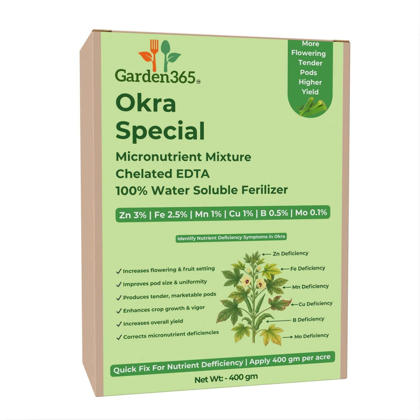 Okra Special Micronutrient Fertilizer (भिंडी | ಬೆಂಡೆಕಾಯಿ | బెండకాయ | வெண்டைக்காய் | വെണ്ടക്ക) EDTA Chelated 100% Water Soluble Fertilizer – 400g per Acre