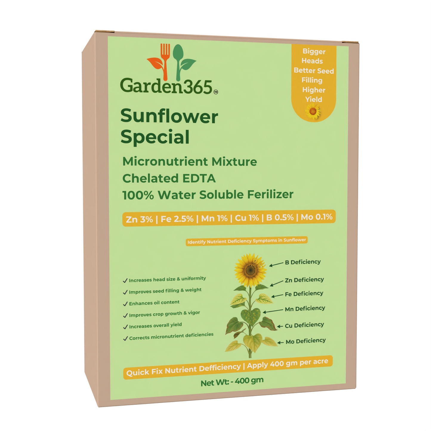 Sunflower Special Micronutrient Fertilizer (सूरजमुखी | ಸೂರ್ಯಕಾಂತಿ | సూర్యకాంతి | சூரியகாந்தி | സൂര്യകാന്തി) EDTA Chelated 100% Water Soluble Fertilizer – 400g per Acre