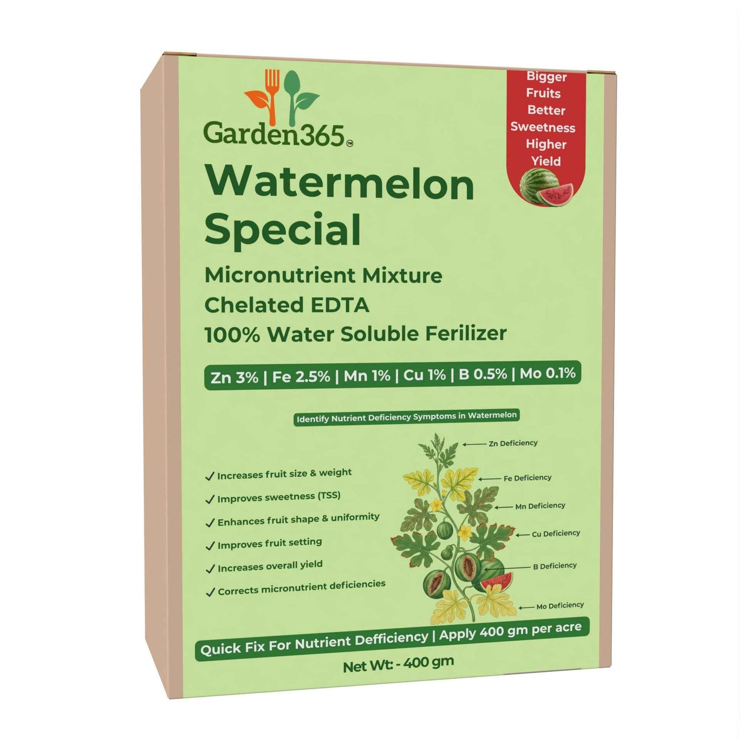 Watermelon Special Micronutrient Fertilizer (तरबूज | ಕಲ್ಲಂಗಡಿ | పుచ్చకాయ | தர்பூசணி | തരബൂശ) EDTA Chelated 100% Water Soluble Fertilizer – 400g per Acre