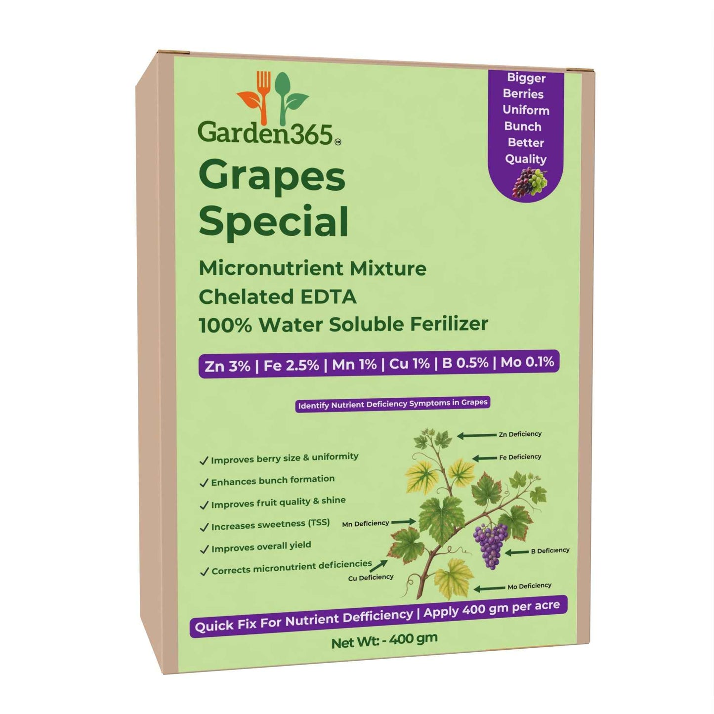Grapes Special Micronutrient Fertilizer (अंगूर | ದ್ರಾಕ್ಷಿ | ద్రాక్ష | திராட்சை | മുന്തിരി) EDTA Chelated 100% Water Soluble Fertilizer – 400g per Acre