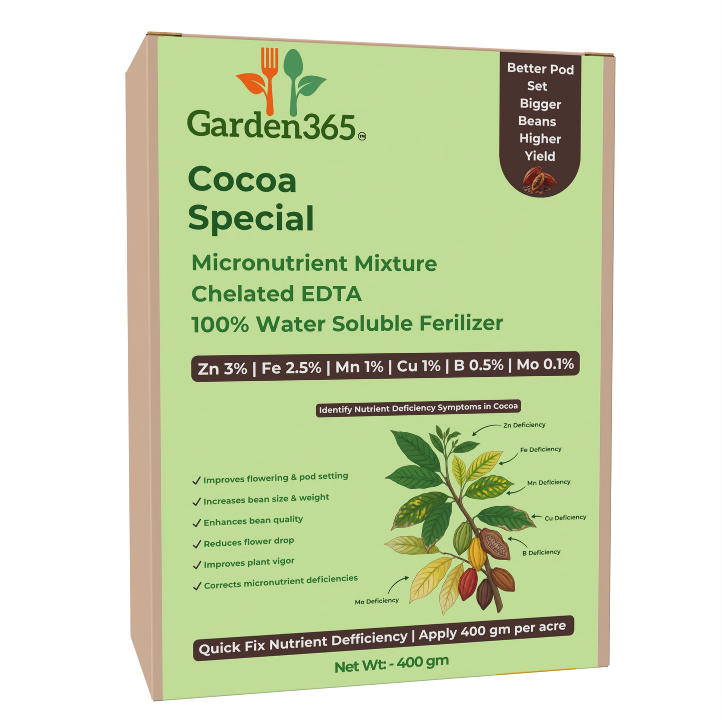 Cocoa Special Micronutrient Fertilizer (कोको | ಕೋಕೋ | కోకో | கோகோ | കോകോ) EDTA Chelated 100% Water Soluble Fertilizer – 400g per Acre