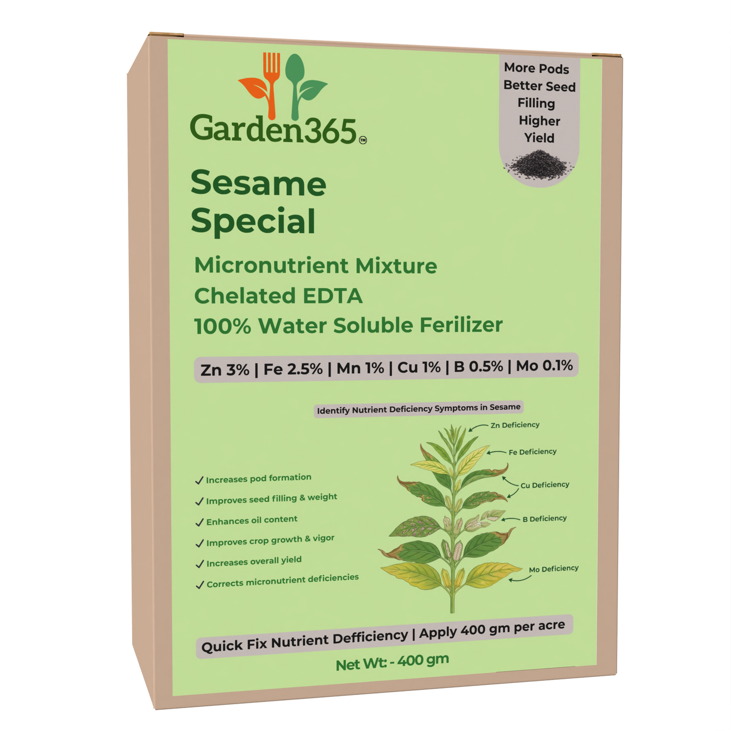 Sesame Special Micronutrient Fertilizer (तिल | ಎಳ್ಳು | నువ్వులు | எள் | എള്ള്) EDTA Chelated 100% Water Soluble Fertilizer – 400g per Acre