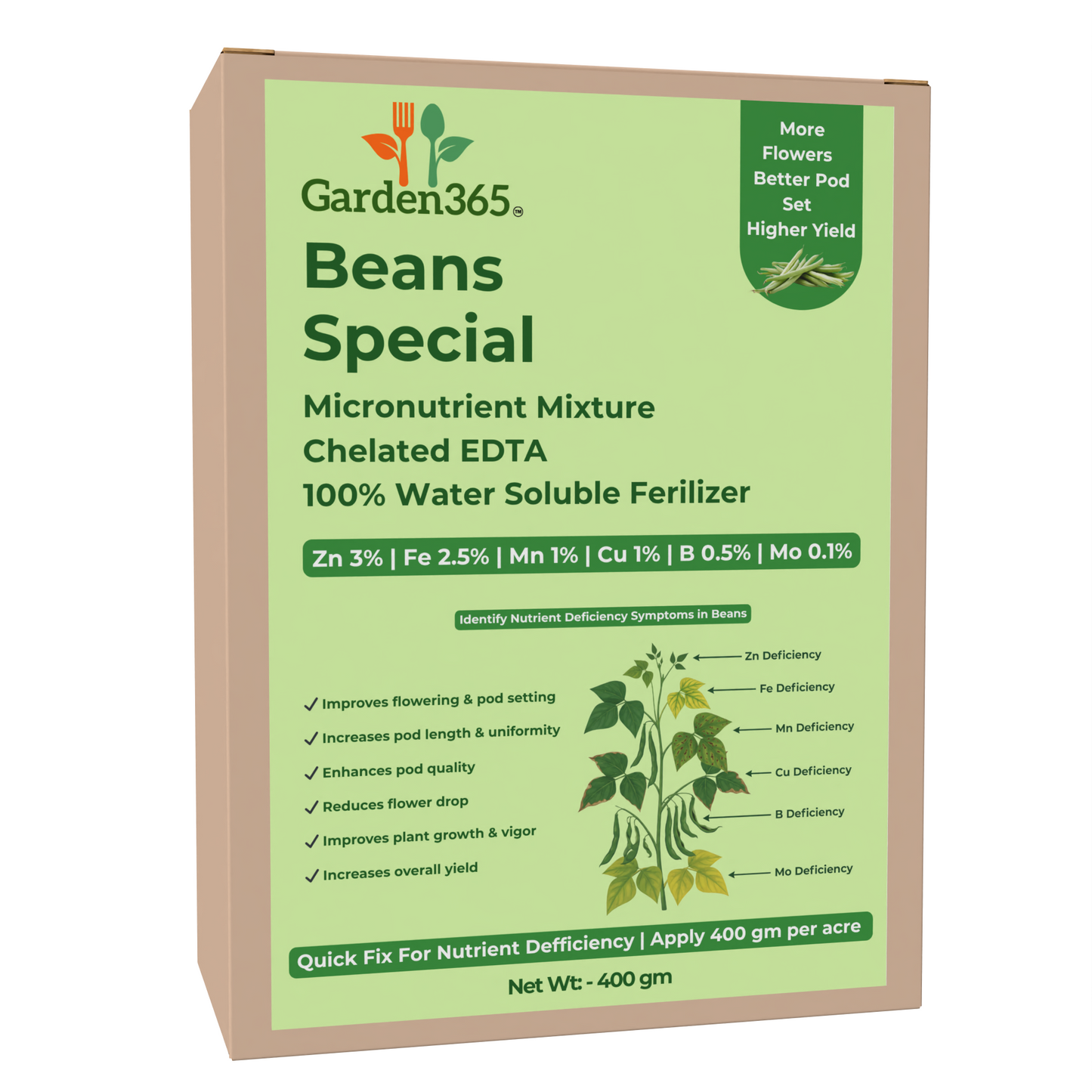 Beans Special Micronutrient Fertilizer (बीन्स | ಬೀನ್ಸ್ | బీన్స్ | பீன்ஸ் | ബീൻസ്) EDTA Chelated 100% Water Soluble Fertilizer – 400g per Acre
