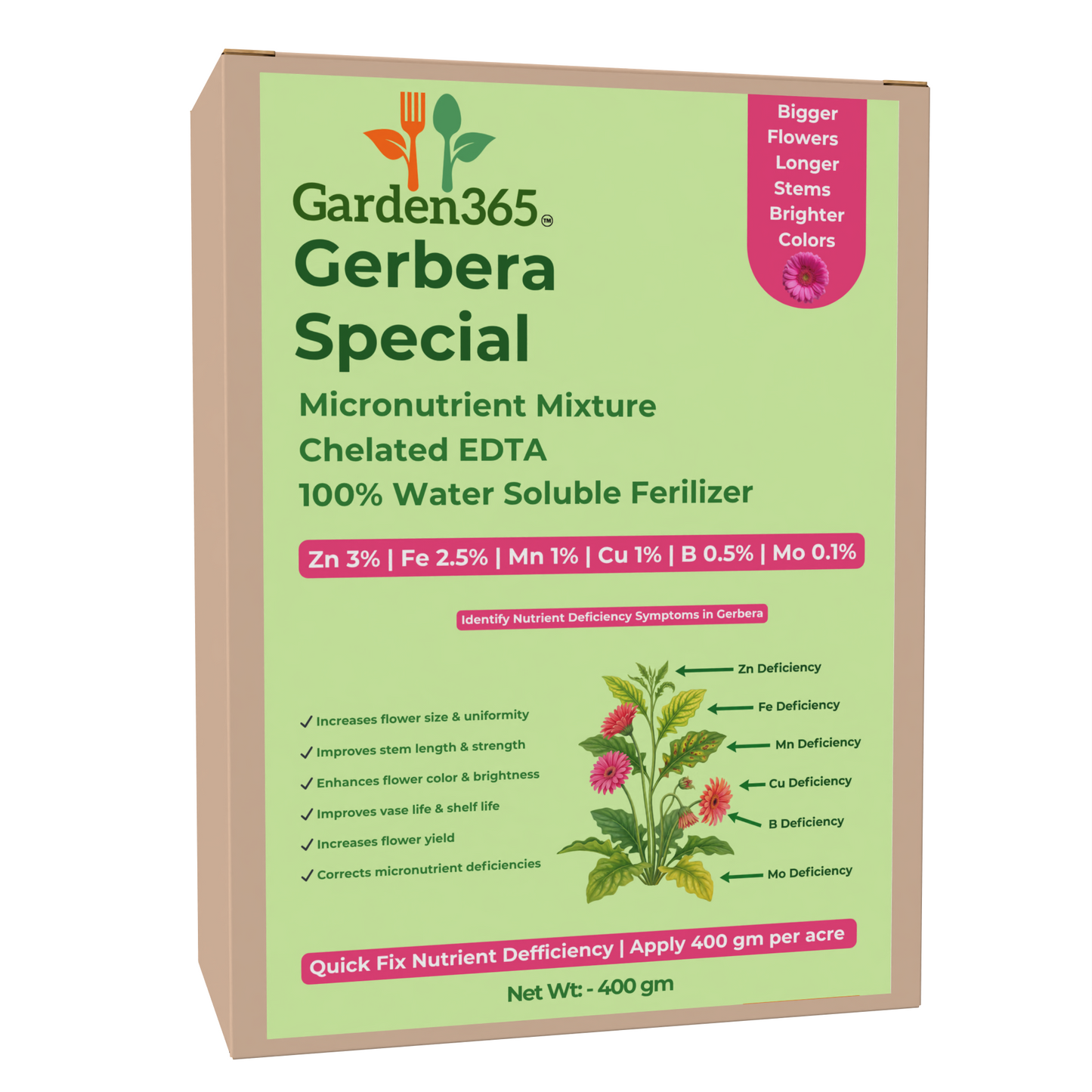 Gerbera Special Micronutrient Fertilizer (जरबेरा | ಜರ್ಬೆರಾ | గెర్బెరా | ஜெர்பெரா | ജെർബെറ) EDTA Chelated 100% Water Soluble Fertilizer – 400g per Acre