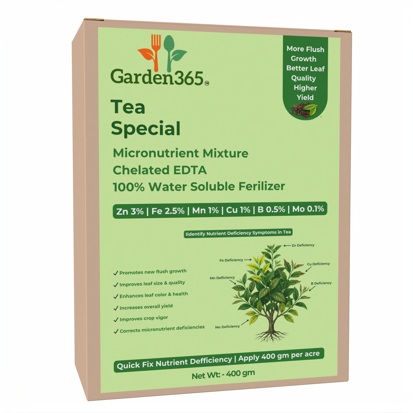 Tea Special Micronutrient Fertilizer (चाय | ಚಹಾ | టీ | தேயிலை | ചായ) EDTA Chelated 100% Water Soluble Fertilizer – 400g per Acre