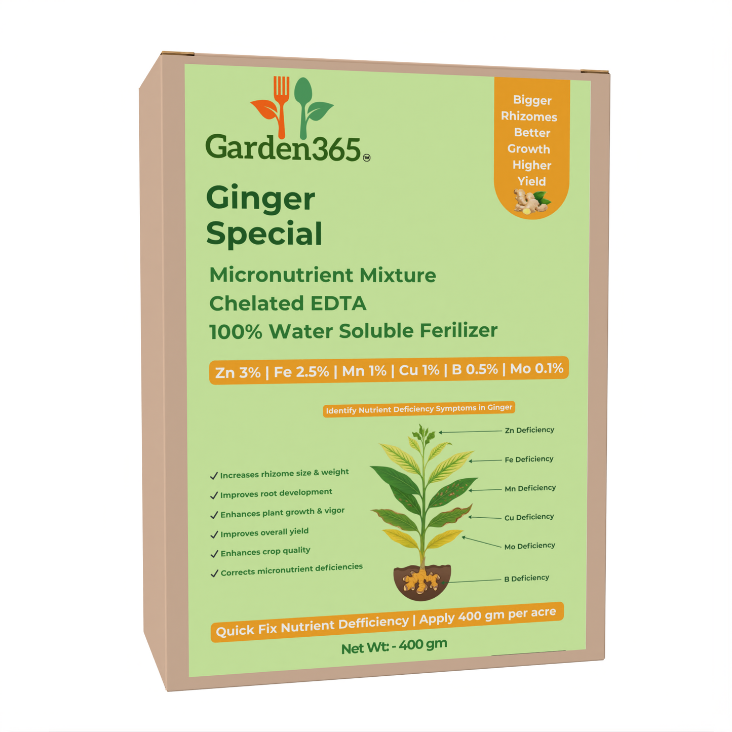 Ginger Special Micronutrient Fertilizer (अदरक | ಶುಂಠಿ | అల్లం | இஞ்சி | ഇഞ്ചി) EDTA Chelated 100% Water Soluble Fertilizer – 400g per Acre