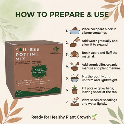 Organic 4-in-1 Soil-Less Potting Mix with Cocopeat, Vermiculite, Neem Powder & Natural Fertilizer | Expandable Growing Medium | Makes Up to 10 Kg