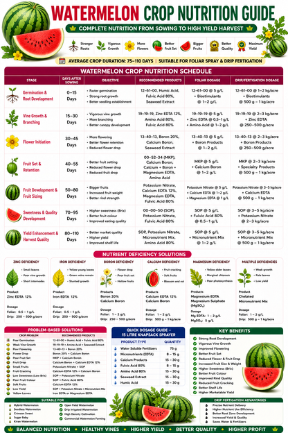 Watermelon Crop Nutrition | Fertilizers, Micronutrients & Biostimulants for Watermelon Crop  Provide your watermelon crop with complete nutrition from sowing to harvesting. Browse fertilizers, micronutrients, and biostimulants recommended for root develop