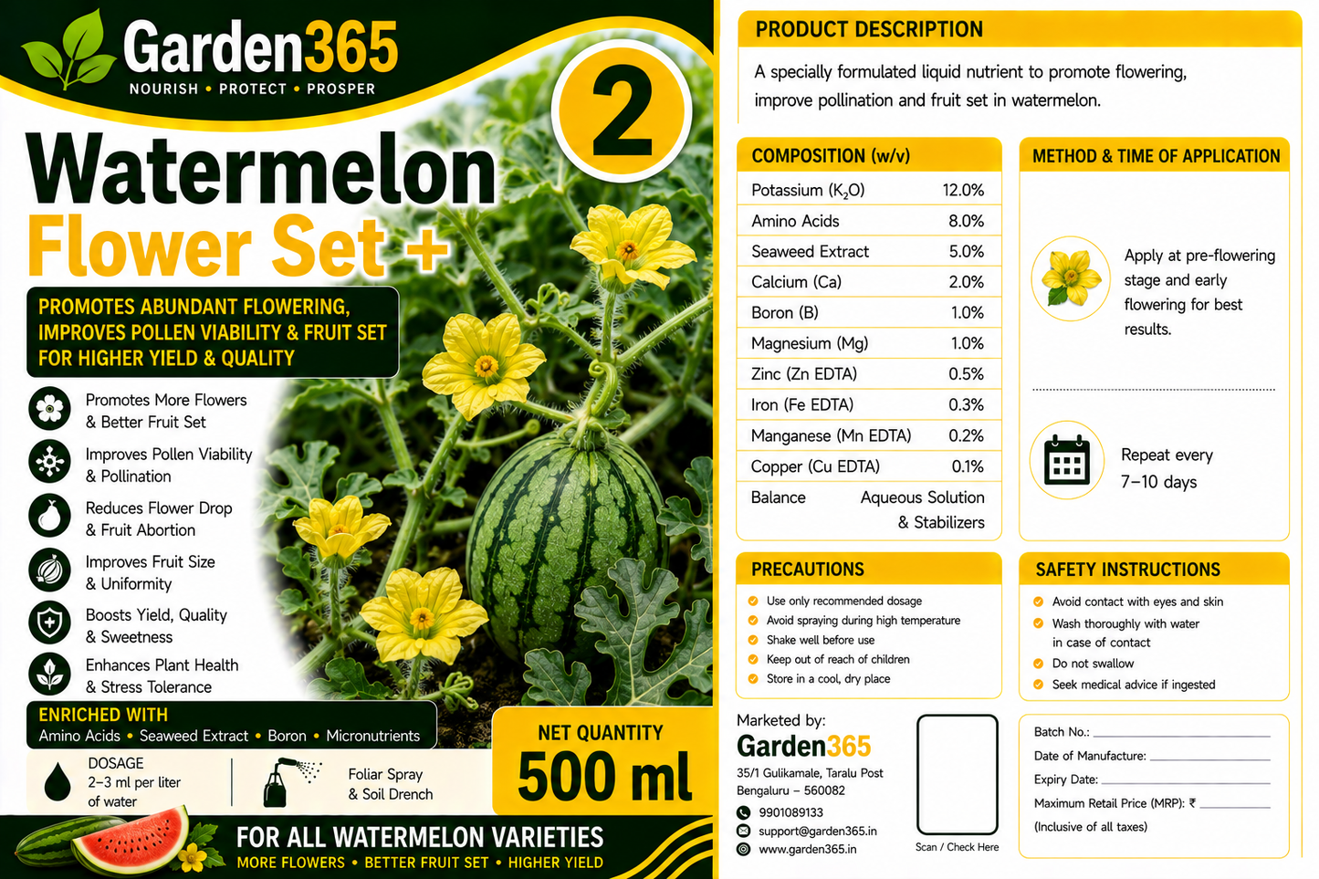 Watermelon Yield Booster Kit – Watermelon 1 Vine Grow+ | Watermelon 2 Flower Set+ | Watermelon 3 Yield Max+ for Vigorous Vine Growth, Better Flowering, Higher Fruit Set, Improved Fruit Size, Sweetness, Yield & Quality