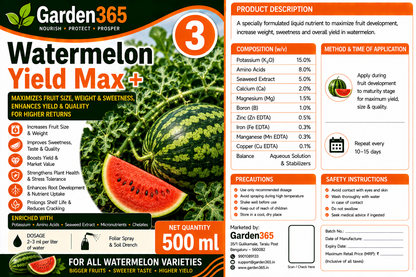 Watermelon Yield Booster Kit – Watermelon 1 Vine Grow+ | Watermelon 2 Flower Set+ | Watermelon 3 Yield Max+ for Vigorous Vine Growth, Better Flowering, Higher Fruit Set, Improved Fruit Size, Sweetness, Yield & Quality