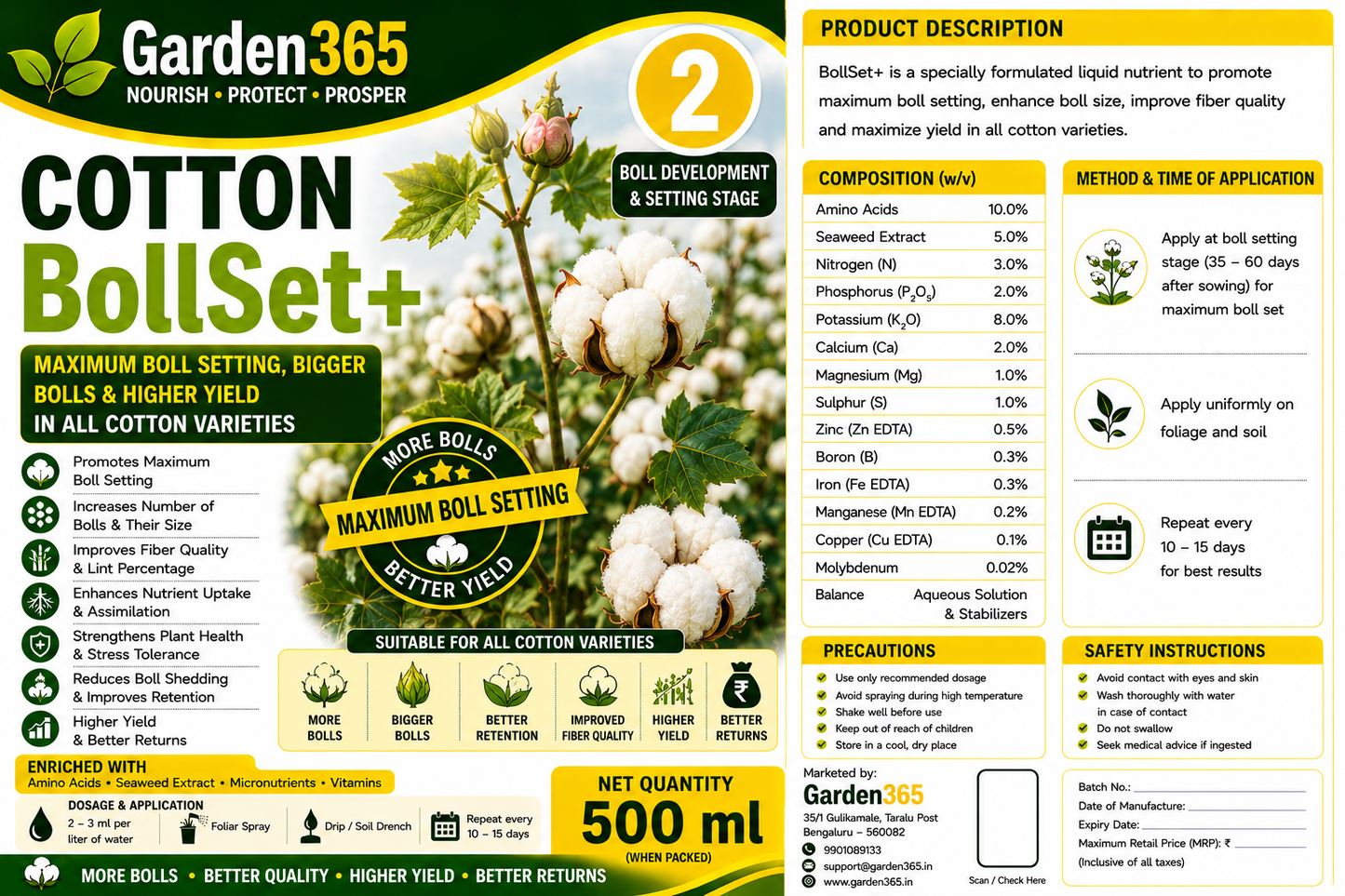 Cotton Yield Booster Kit – Cotton 1 BranchMax+ | Cotton 2 BollSet+ | Cotton 3 YieldMax+ for Higher Yield, Boll Size & Fiber Quality