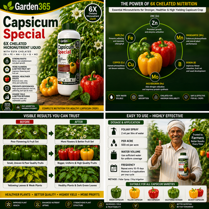Capsicum Special – 6X Chelated Micronutrient Liquid with EDTA Chelated Zn + Fe + Mn + Cu + B + Mo for Vigorous Growth, Better Flowering, Improved Fruit Set, Enhanced Fruit Quality, Higher Yield & Marketability