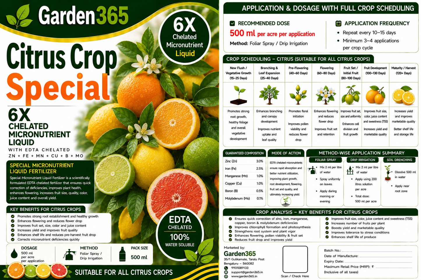 Citrus Crop Special – 6X Chelated Micronutrient Liquid with EDTA Chelated Zn + Fe + Mn + Cu + B + Mo for Better Flowering, Fruit Set, Juice Content, Fruit Quality & Higher Yield