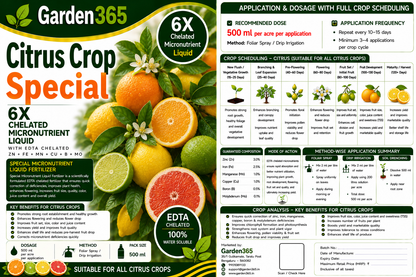 Citrus Crop Special – 6X Chelated Micronutrient Liquid with EDTA Chelated Zn + Fe + Mn + Cu + B + Mo for Better Flowering, Fruit Set, Juice Content, Fruit Quality & Higher Yield
