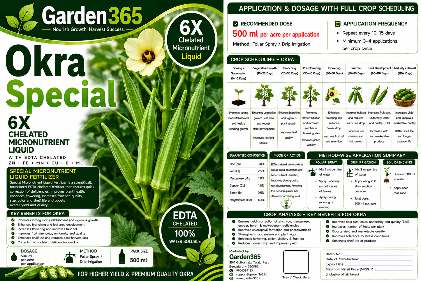 Okra Special – 6X Chelated Micronutrient Liquid with EDTA Chelated Zn + Fe + Mn + Cu + B + Mo for Better Flowering, Fruit Set, Fruit Quality & Higher Yield