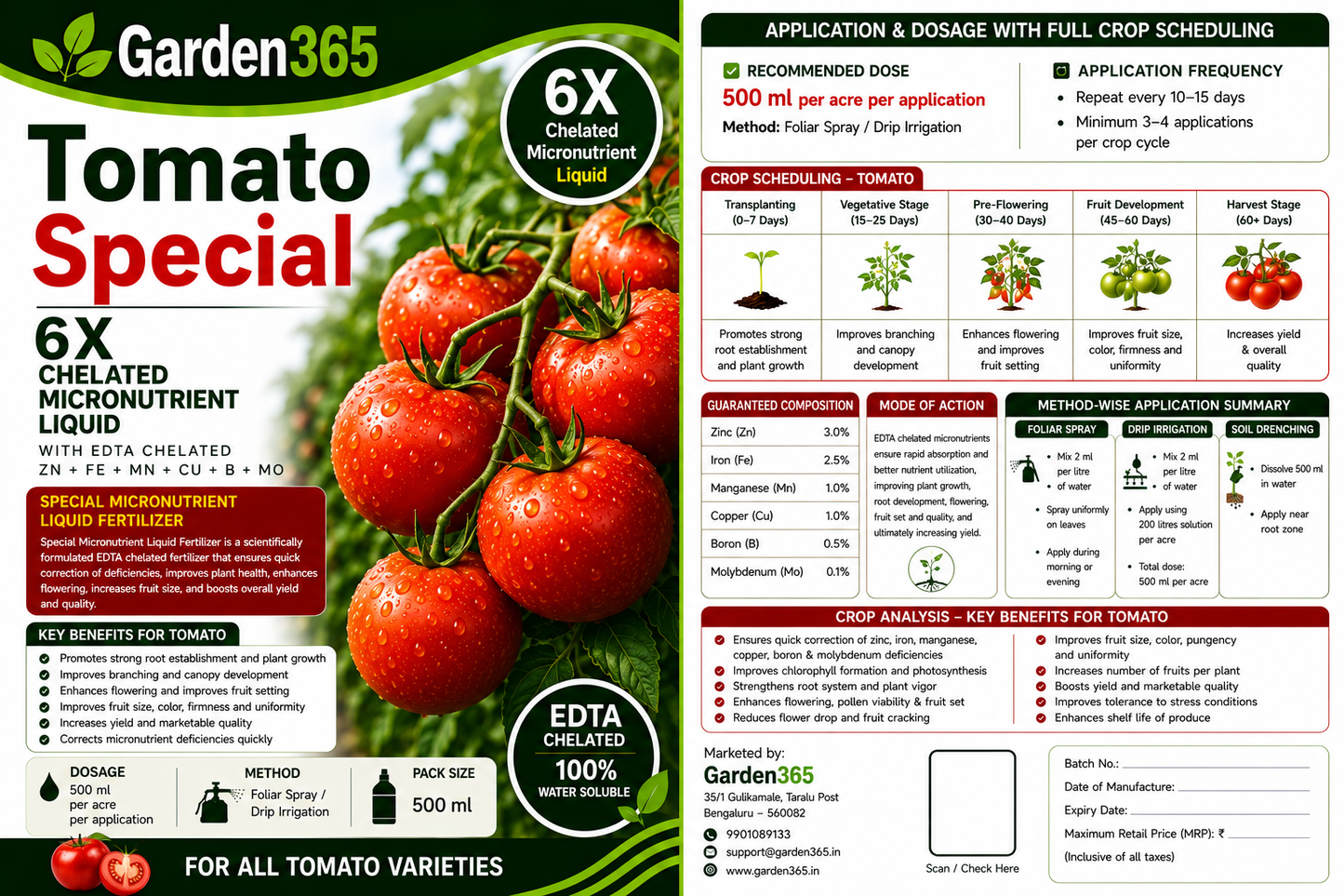 Tomato Special – 6X Chelated Micronutrient Liquid with EDTA Chelated Zn + Fe + Mn + Cu + B + Mo for Strong Growth, Better Flowering, Improved Fruit Set, Higher Yield & Quality