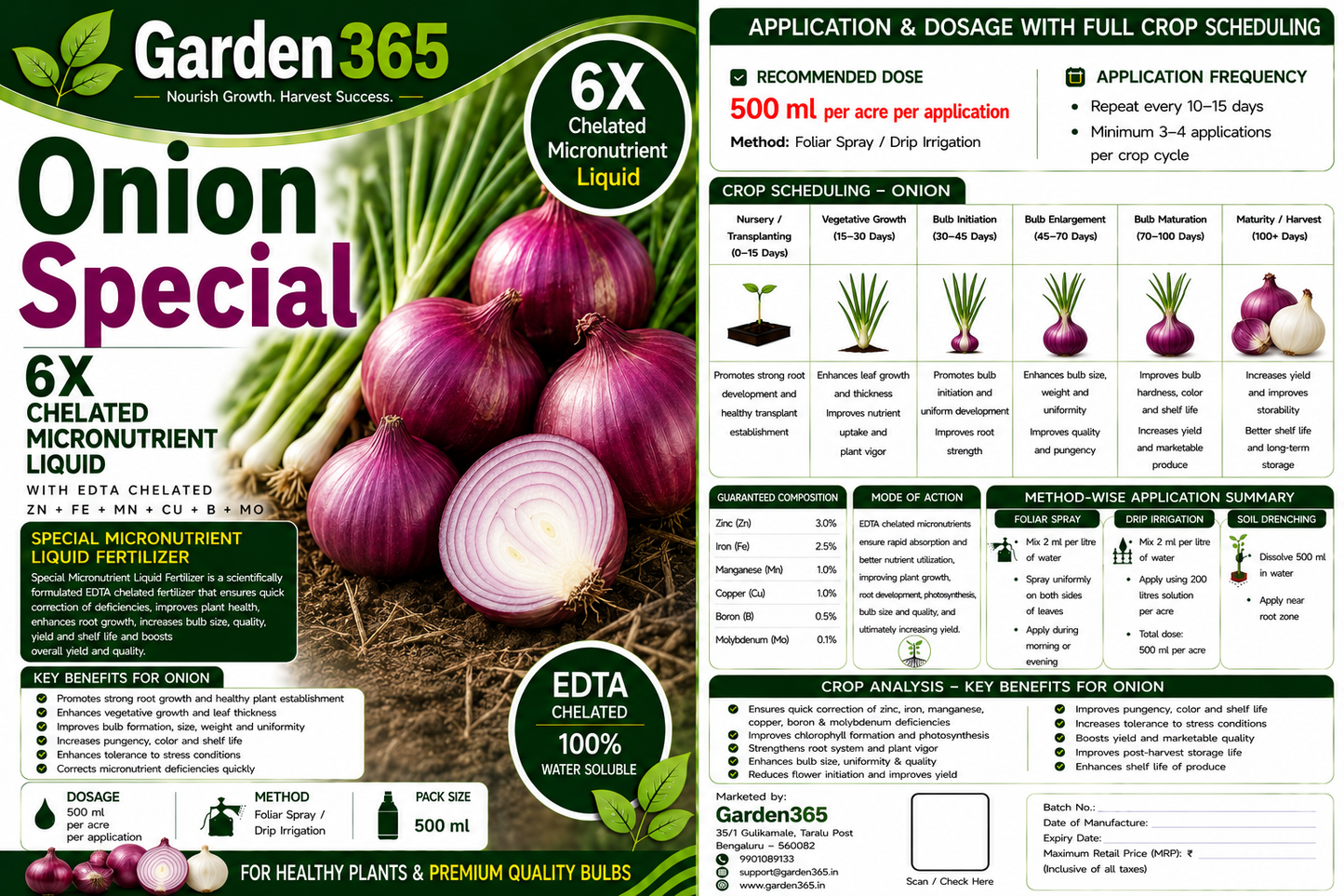 Onion Special – 6X Chelated Micronutrient Liquid with EDTA Chelated Zn + Fe + Mn + Cu + B + Mo for Better Bulb Development, Size, Quality & Higher Yield