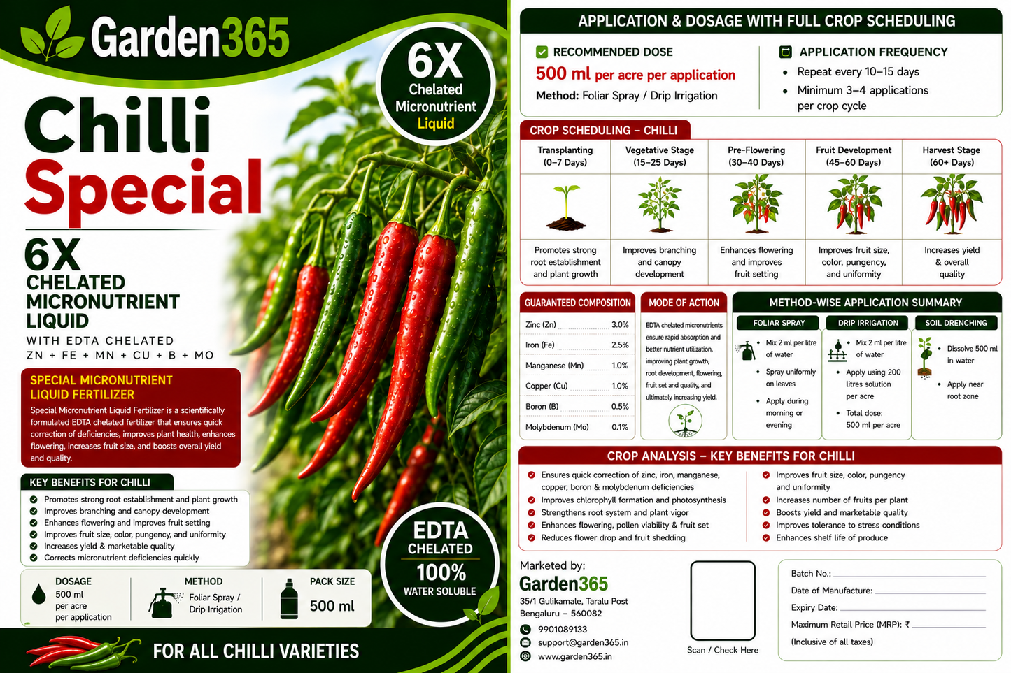 Chilli Special – 6X Chelated Micronutrient Liquid with EDTA Chelated Zn + Fe + Mn + Cu + B + Mo for Vigorous Growth, Better Flowering, Higher Fruit Set, Improved Pungency, Yield & Quality