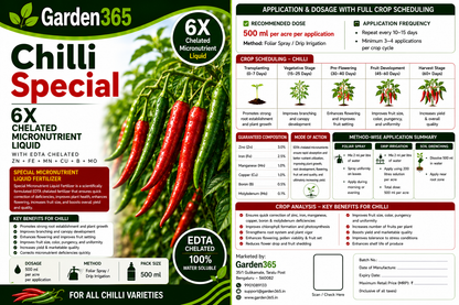 Chilli Special – 6X Chelated Micronutrient Liquid with EDTA Chelated Zn + Fe + Mn + Cu + B + Mo for Vigorous Growth, Better Flowering, Higher Fruit Set, Improved Pungency, Yield & Quality