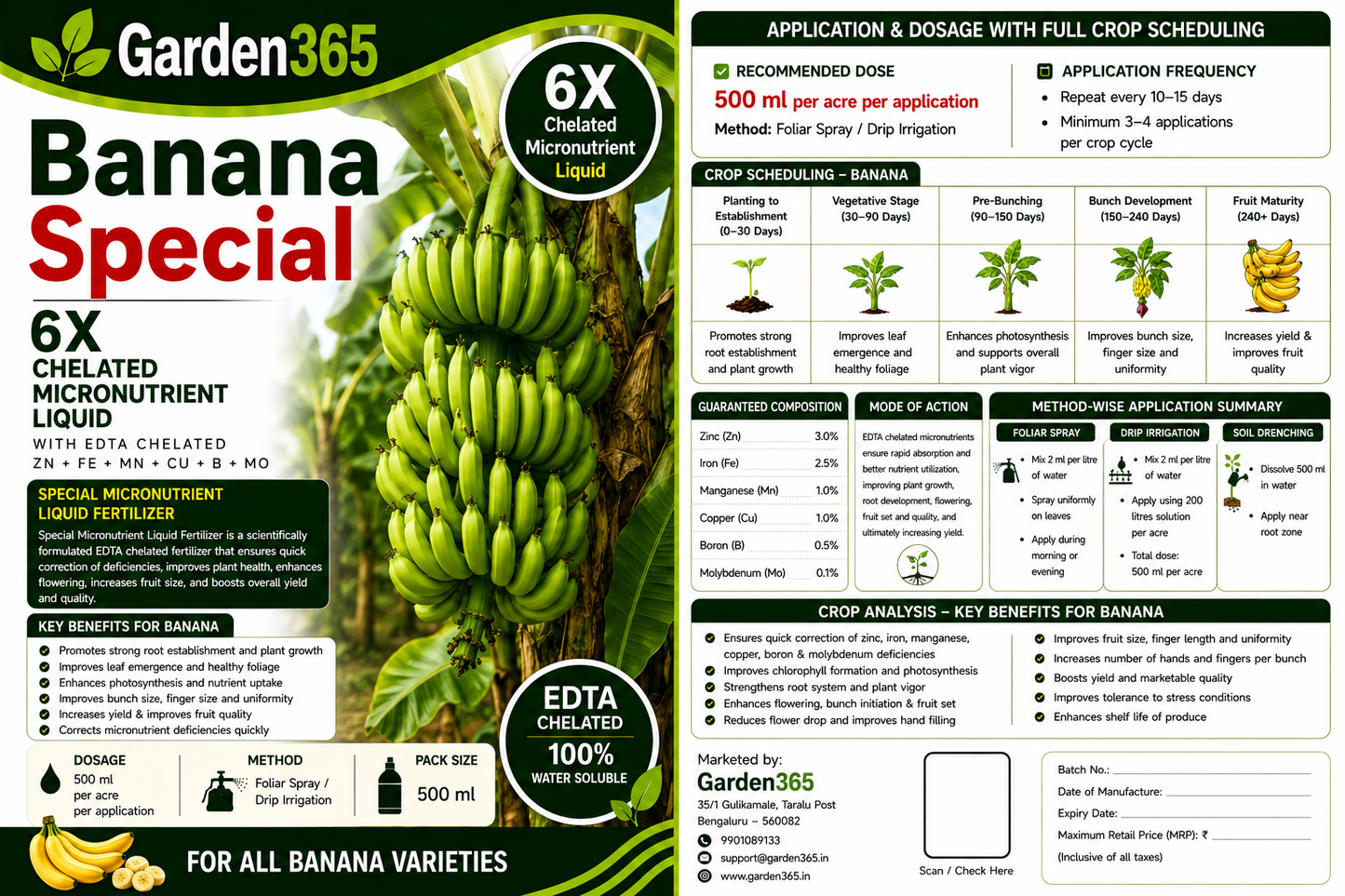 Banana Special – 6X Chelated Micronutrient Liquid with EDTA Chelated Zn + Fe + Mn + Cu + B + Mo for Vigorous Plant Growth, Better Bunch Development, Improved Finger Size, Uniformity & Higher Yield