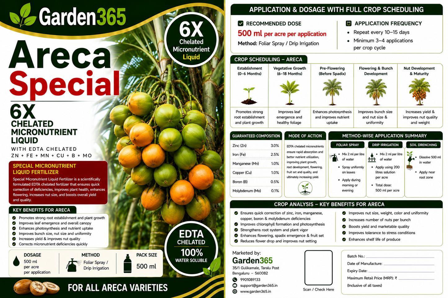 Areca Special – 6X Chelated Micronutrient Liquid with EDTA Chelated Zn + Fe + Mn + Cu + B + Mo for Healthy Growth, Better Bunch Development, Improved Nut Size, Higher Yield & Quality