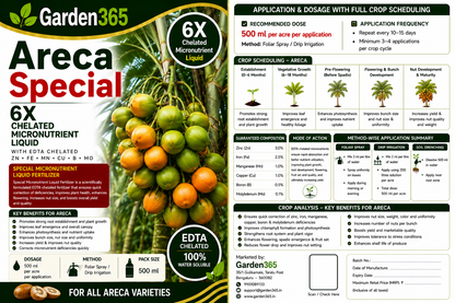 Areca Special – 6X Chelated Micronutrient Liquid with EDTA Chelated Zn + Fe + Mn + Cu + B + Mo for Healthy Growth, Better Bunch Development, Improved Nut Size, Higher Yield & Quality
