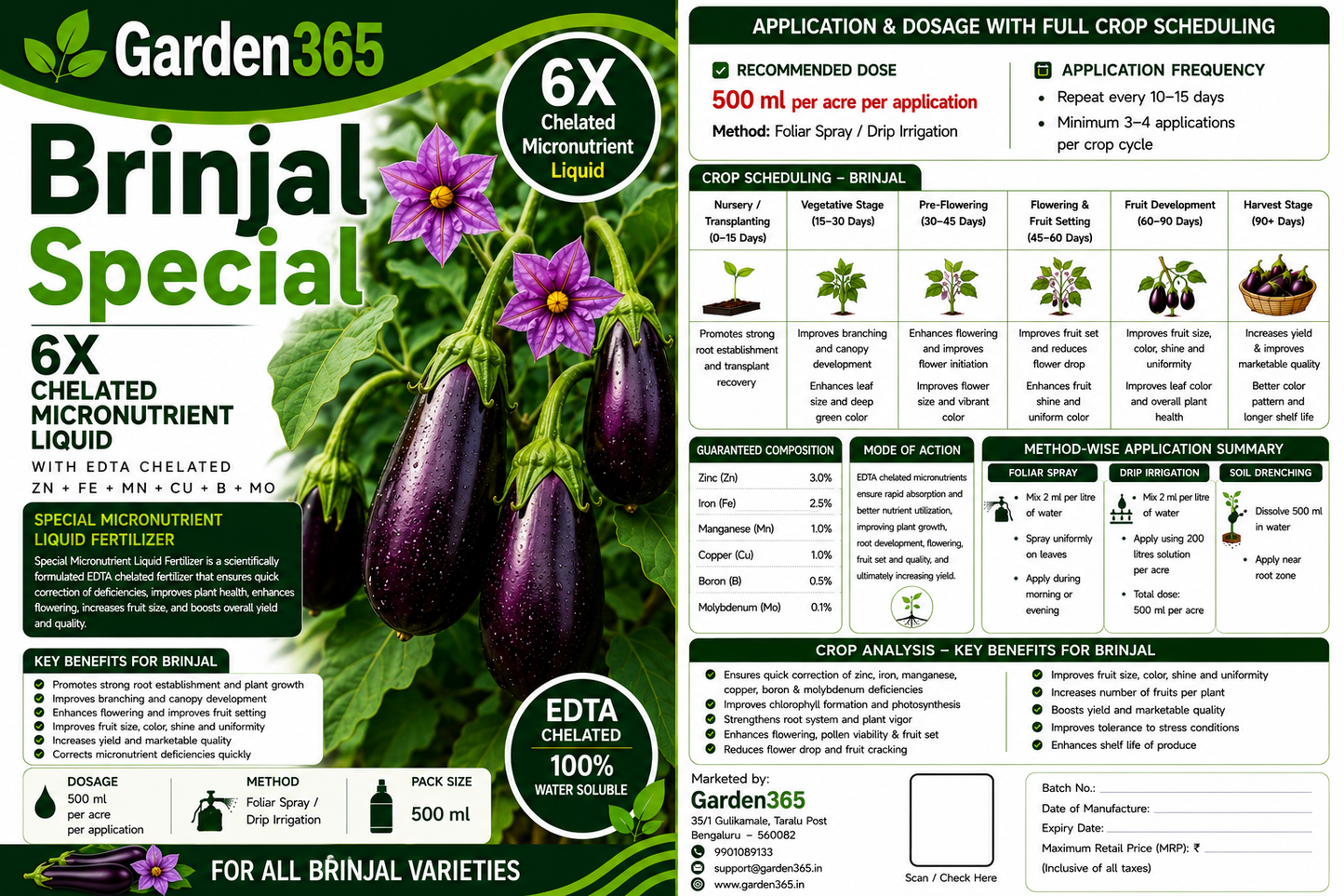 Brinjal Special – 6X Chelated Micronutrient Liquid with EDTA Chelated Zn + Fe + Mn + Cu + B + Mo for Vigorous Growth, Better Flowering, Improved Fruit Set, Enhanced Shine, Higher Yield & Quality