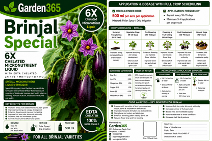 Brinjal Special – 6X Chelated Micronutrient Liquid with EDTA Chelated Zn + Fe + Mn + Cu + B + Mo for Vigorous Growth, Better Flowering, Improved Fruit Set, Enhanced Shine, Higher Yield & Quality