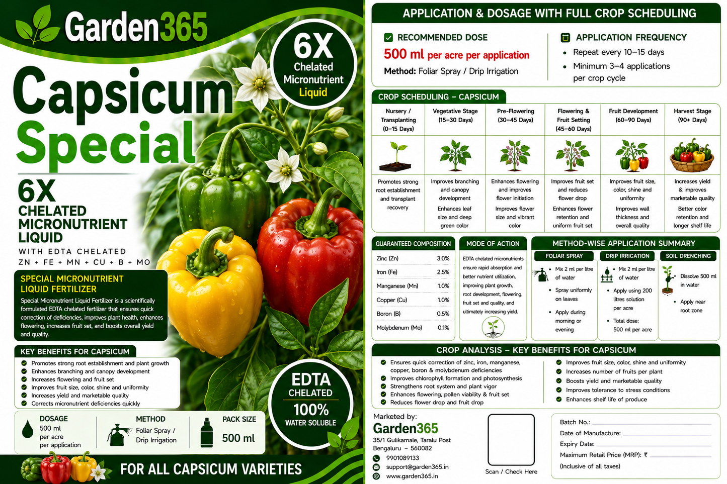 Capsicum Special – 6X Chelated Micronutrient Liquid with EDTA Chelated Zn + Fe + Mn + Cu + B + Mo for Vigorous Growth, Better Flowering, Improved Fruit Set, Enhanced Fruit Quality, Higher Yield & Marketability