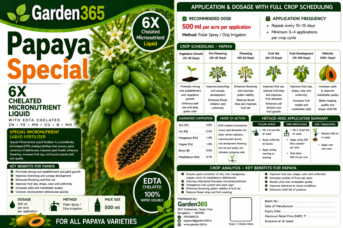 Papaya Special – 6X Chelated Micronutrient Liquid with EDTA Chelated Zn + Fe + Mn + Cu + B + Mo for Vigorous Plant Growth, Better Flowering, Improved Fruit Set, Higher Yield, Superior Fruit Size & Quality