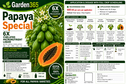 Papaya Special – 6X Chelated Micronutrient Liquid with EDTA Chelated Zn + Fe + Mn + Cu + B + Mo for Vigorous Plant Growth, Better Flowering, Improved Fruit Set, Higher Yield, Superior Fruit Size & Quality