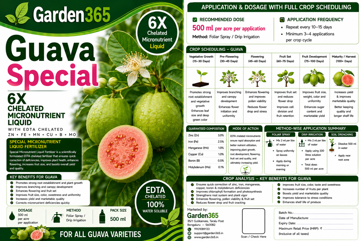 Guava Special – 6X Chelated Micronutrient Liquid with EDTA Chelated Zn + Fe + Mn + Cu + B + Mo for Vigorous Plant Growth, Better Flowering, Improved Fruit Set, Higher Yield, Superior Fruit Size & Quality