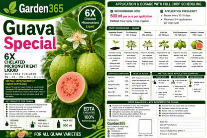 Guava Special – 6X Chelated Micronutrient Liquid with EDTA Chelated Zn + Fe + Mn + Cu + B + Mo for Vigorous Plant Growth, Better Flowering, Improved Fruit Set, Higher Yield, Superior Fruit Size & Quality