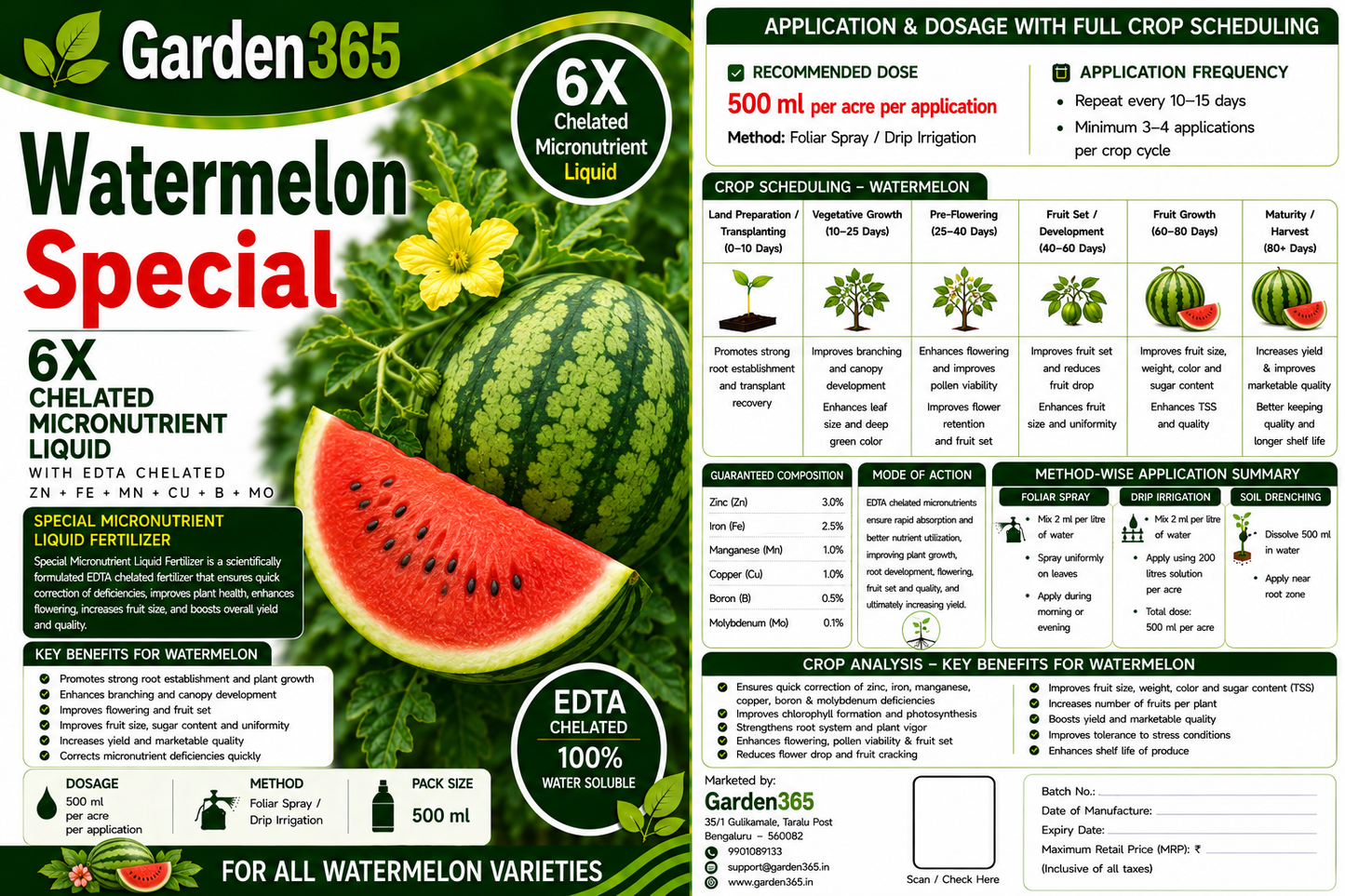 Watermelon Special – 6X Chelated Micronutrient Liquid with EDTA Chelated Zn + Fe + Mn + Cu + B + Mo for Vigorous Vine Growth, Better Flowering, Improved Fruit Set, Higher Yield, Superior Fruit Size & Sweetness