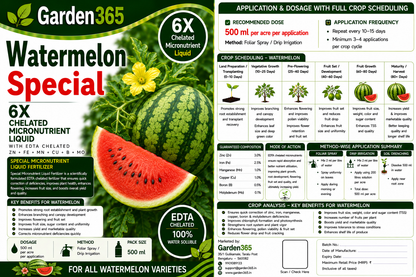Watermelon Special – 6X Chelated Micronutrient Liquid with EDTA Chelated Zn + Fe + Mn + Cu + B + Mo for Vigorous Vine Growth, Better Flowering, Improved Fruit Set, Higher Yield, Superior Fruit Size & Sweetness