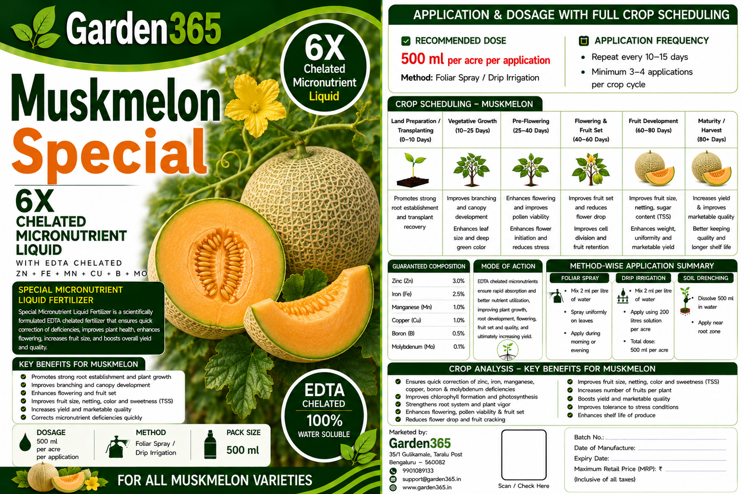 Muskmelon Special – 6X Chelated Micronutrient Liquid with EDTA Chelated Zn + Fe + Mn + Cu + B + Mo for Vigorous Vine Growth, Better Flowering, Improved Fruit Set, Higher Yield, Superior Fruit Netting, Sweetness & Marketable Quality